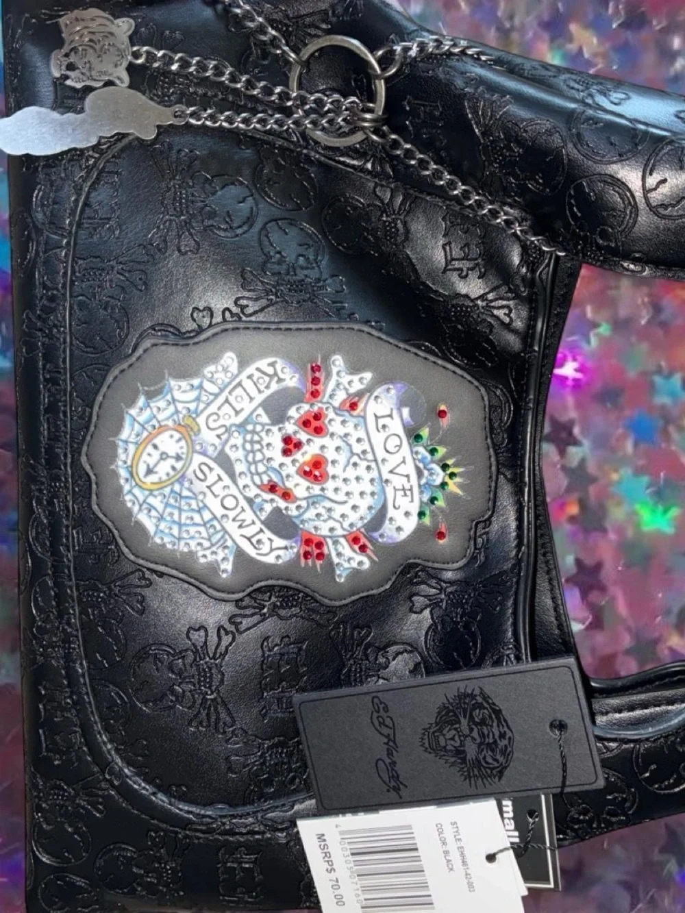Ed Hardy Black Satchel with Embroidered Skull Heart Patch